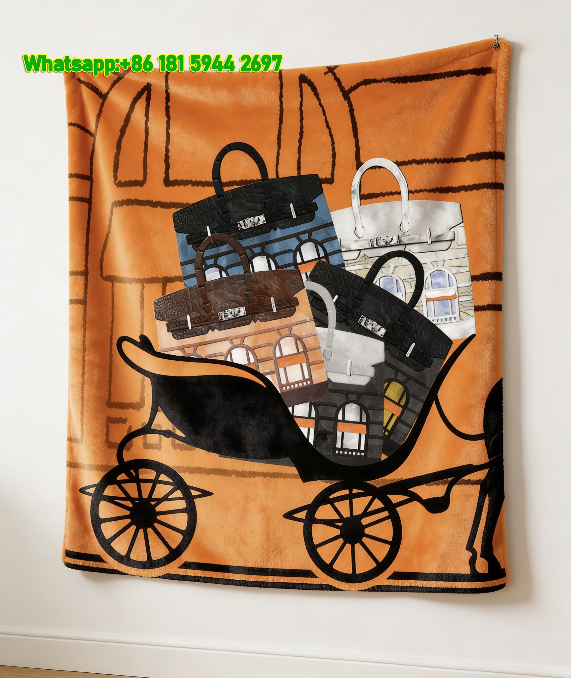 Hermes Vintage Carriage & Designer Bags Flannel Throw Blanket IMG_5486
